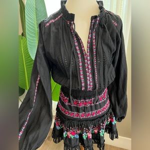 MISA Los Angeles Manuela Black Long Sleeve Embroidered Ruched Waist Mini Dress M